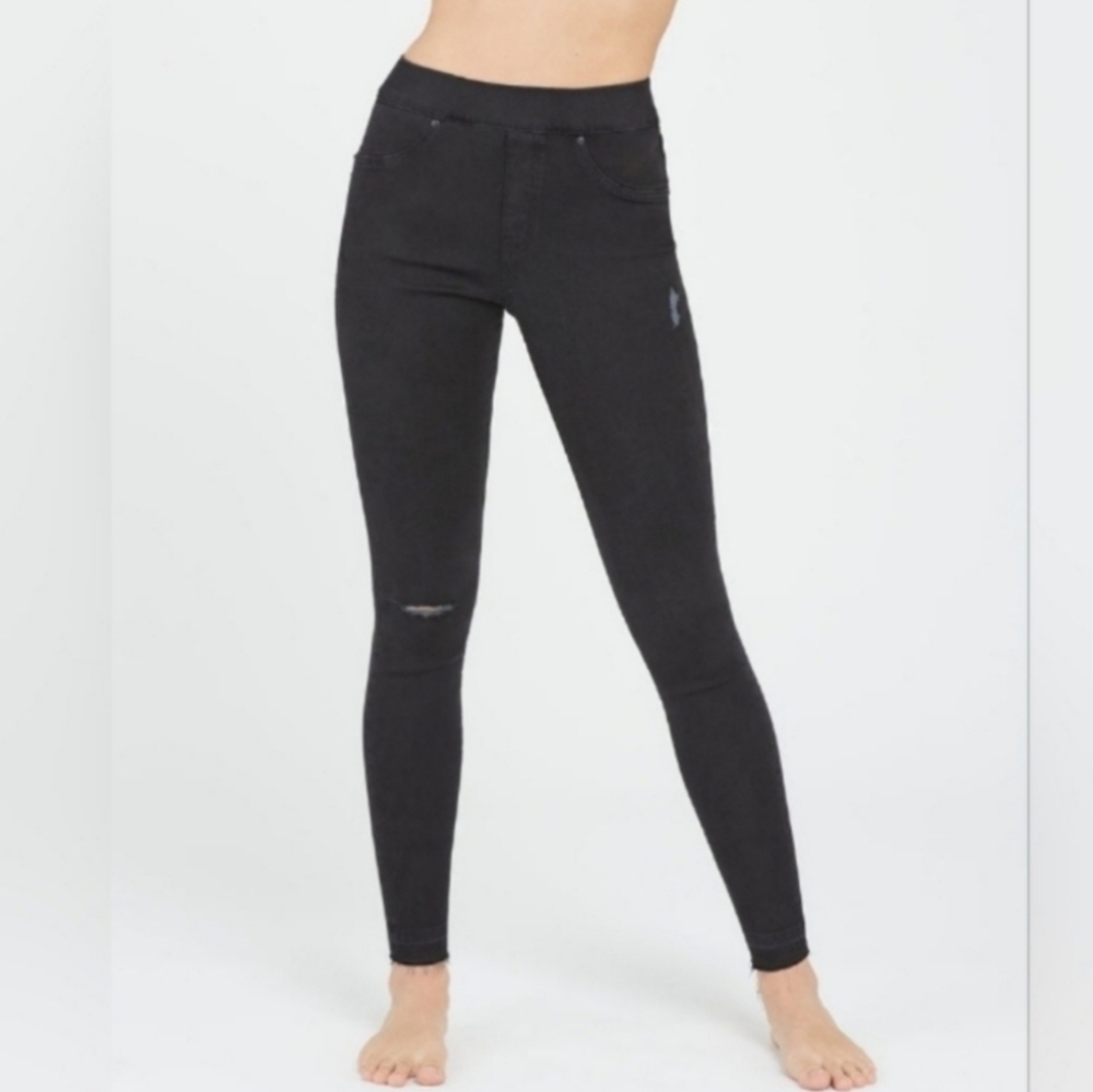 SPANX Black Denim Distressed Ankle Skinny Jeans